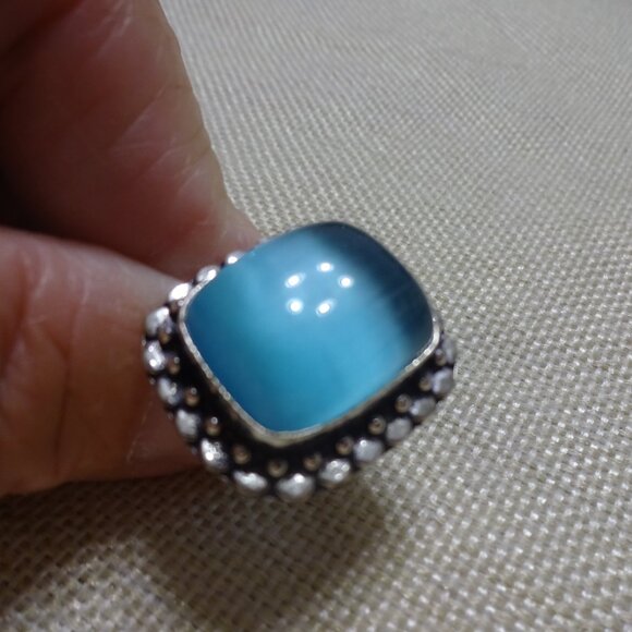 Stunning BLUE CATS EYE Handmade Sterling 925 Ring Size 7.25 #517C - Picture 3 of 3